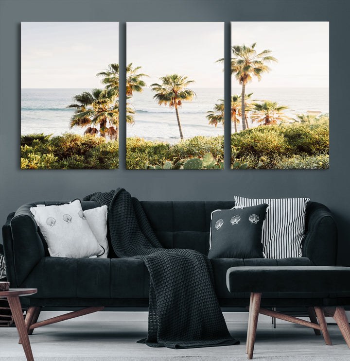 Framed print of sunlit palm trees on the California coast with warm tones, perfect for coastal minimalist or beach-style home decor.