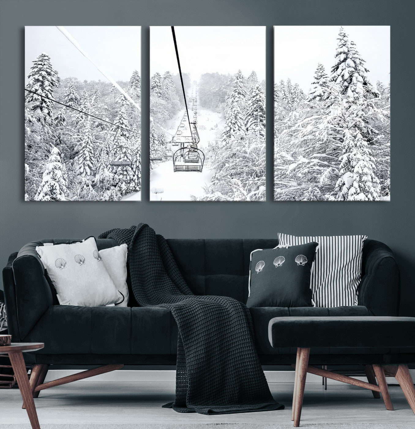 44705668-MGV-CV-60X30-3P-Snowy Ski Lift Wall Art – Framed Winter Mountain Canvas Artwork, Serene Forest Design, Modern Nature Decor for Home, Office