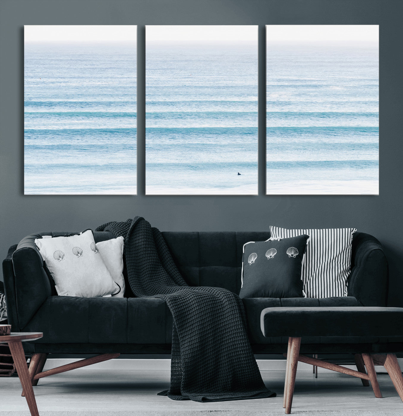 77145995-MGV-CV-60X30-3P-Ocean Wave Surfer Wall Art – Framed Minimal Seascape Canvas Artwork, Calm Blue Water Design, Coastal Decor for Home, Office