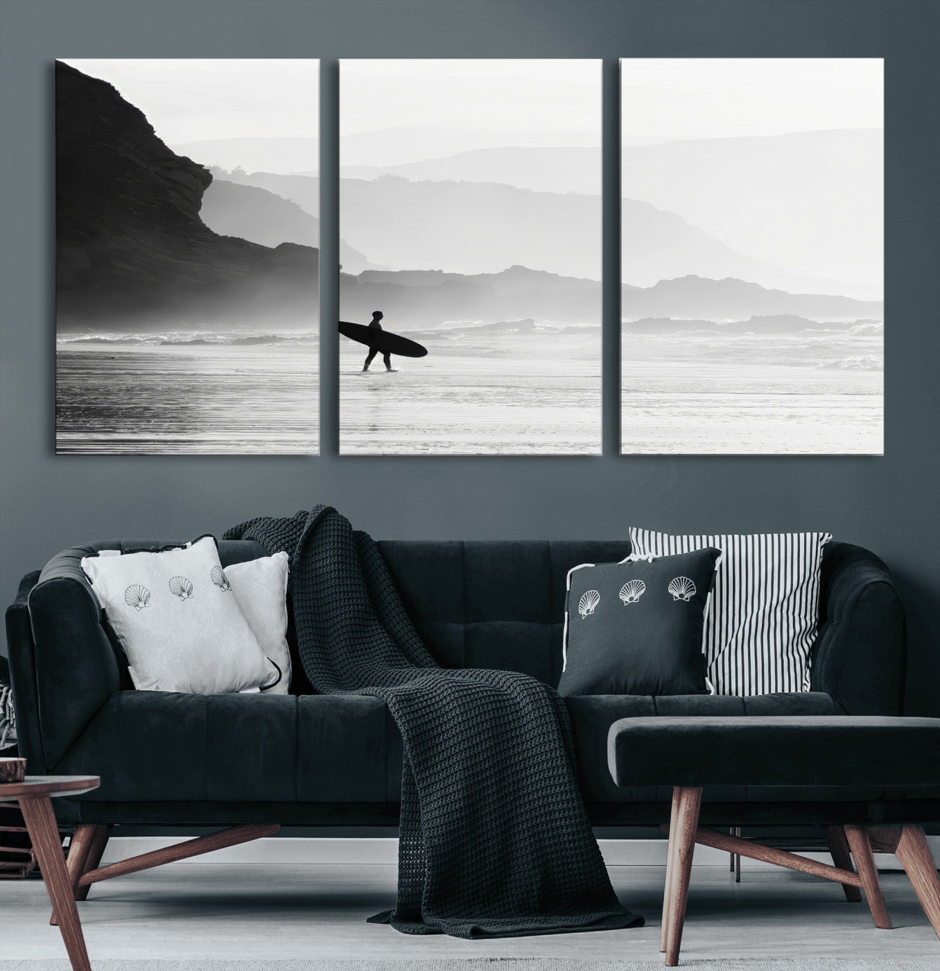 69956934-MGV-CV-60X30-3P-Surfer Beach Wall Art – Framed Black White Ocean Canvas Artwork, Misty Coastal Design, Minimal Surf Decor for Home, Office