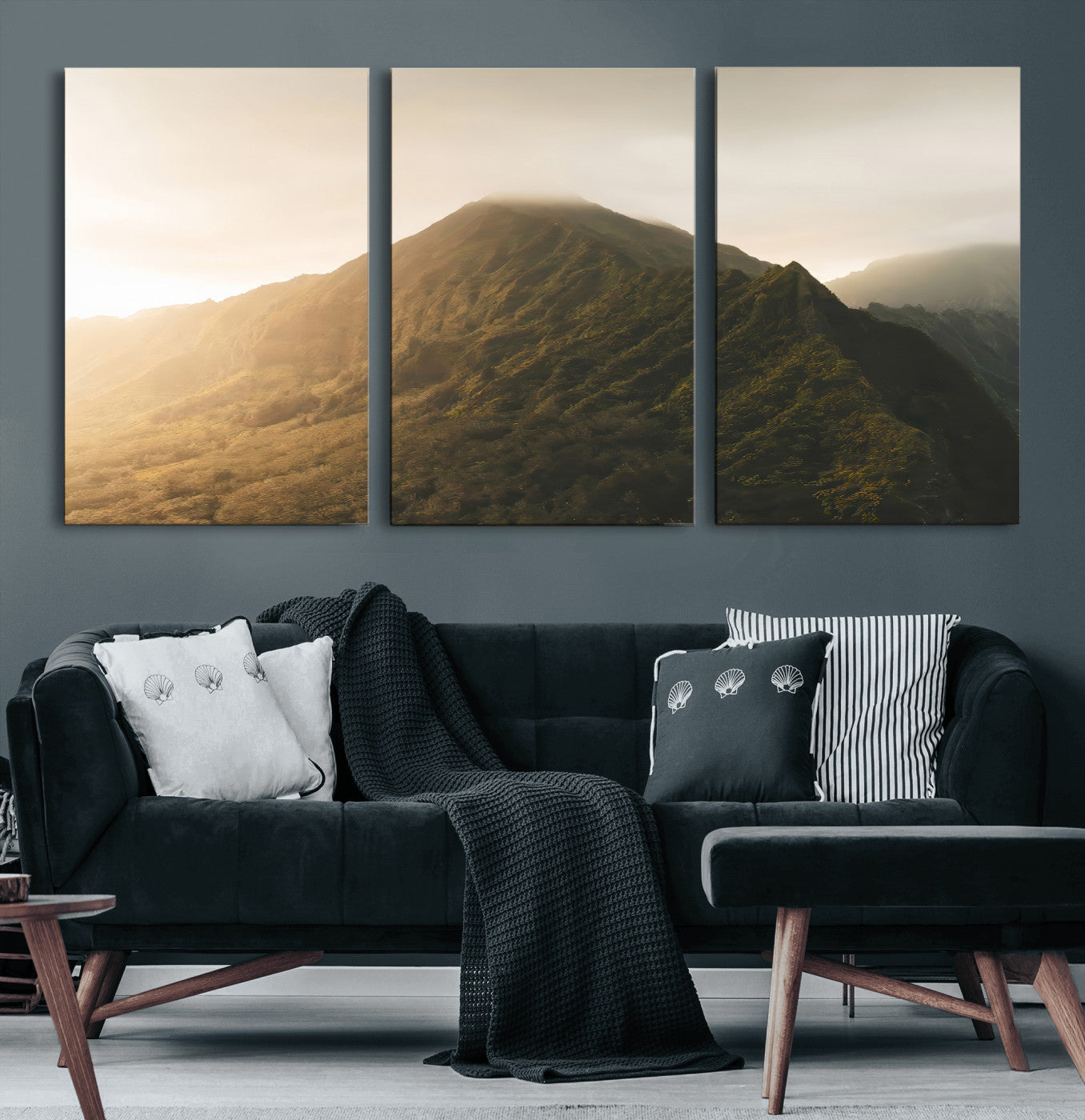 42338636-MGV-CV-60X30-3P-Mountain Wall Art – Framed Sunset Landscape Canvas Artwork, Serene Nature Design, Rustic Decor for Home, Office