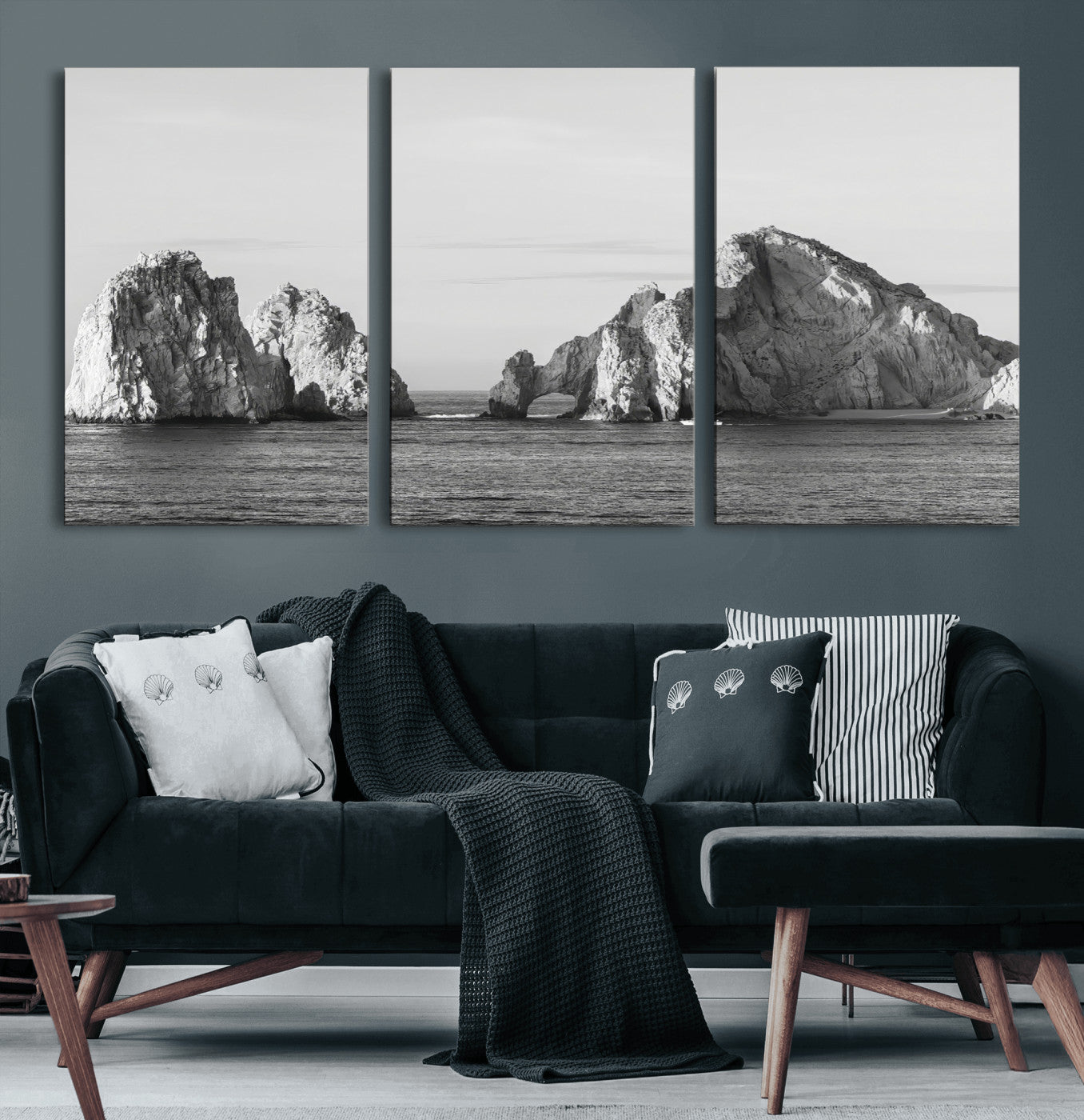 18810731-MGV-CV-60X30-3P-Coastal Rock Arch Wall Art – Framed Black White Ocean Canvas Artwork, Natural Cliff Design, Minimal Decor for Home, Office