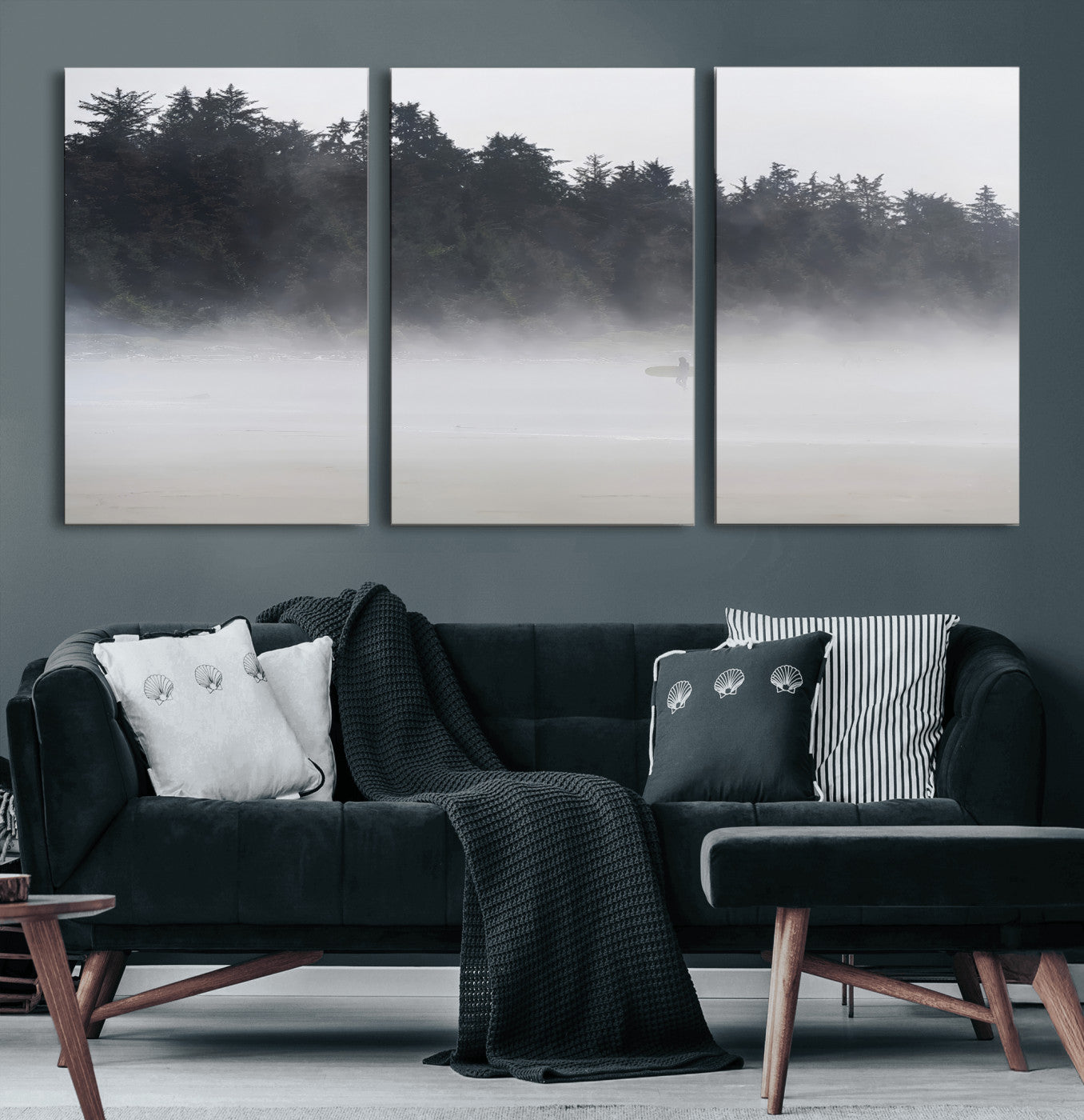 59703275-MGV-CV-60X30-3P-Surfer Fog Wall Art Canvas Print – Framed Foggy Beach Scene with Coastal Surf Artwork for Home, Office, Living Room