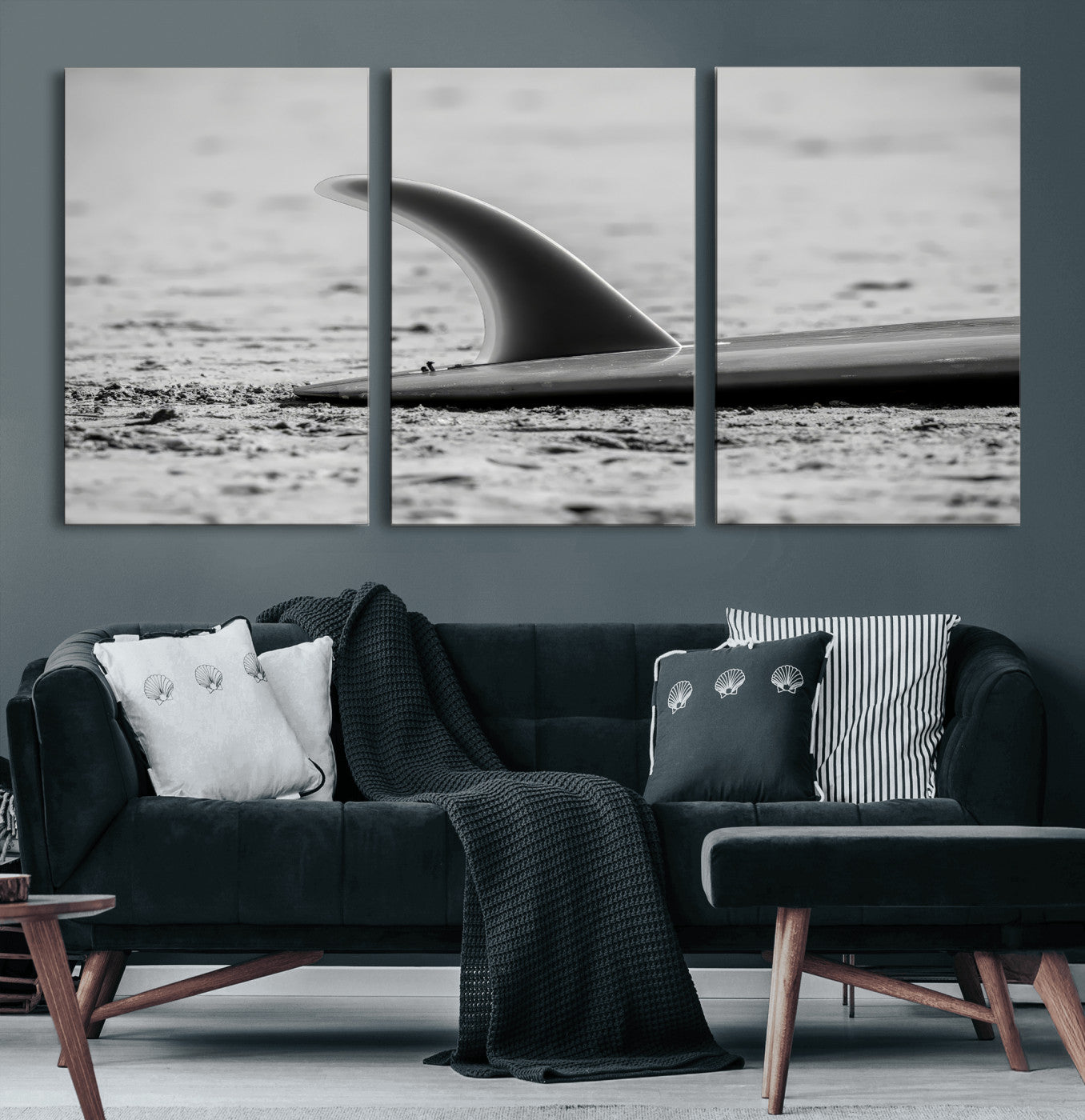 MGV-CV-60X30-3P - Black White Surfboard Wall Art Canvas Print, Framed Minimalist Beach Art Picture Print, Surf Fin Perfect Minimalist Coastal Decor Artwork