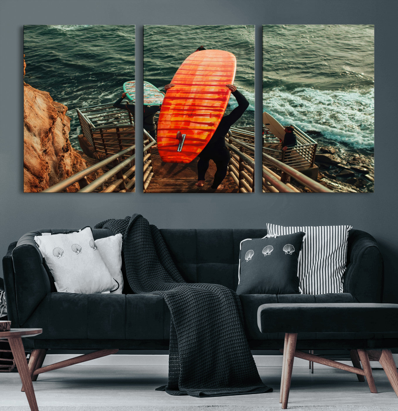 MGV-CV-60X30-3P - Surfer Stairway Wall Art Canvas Print, Framed Ocean Surf Art Picture Print, Sunset Coastal Perfect Coastal Adventure Decor Artwork