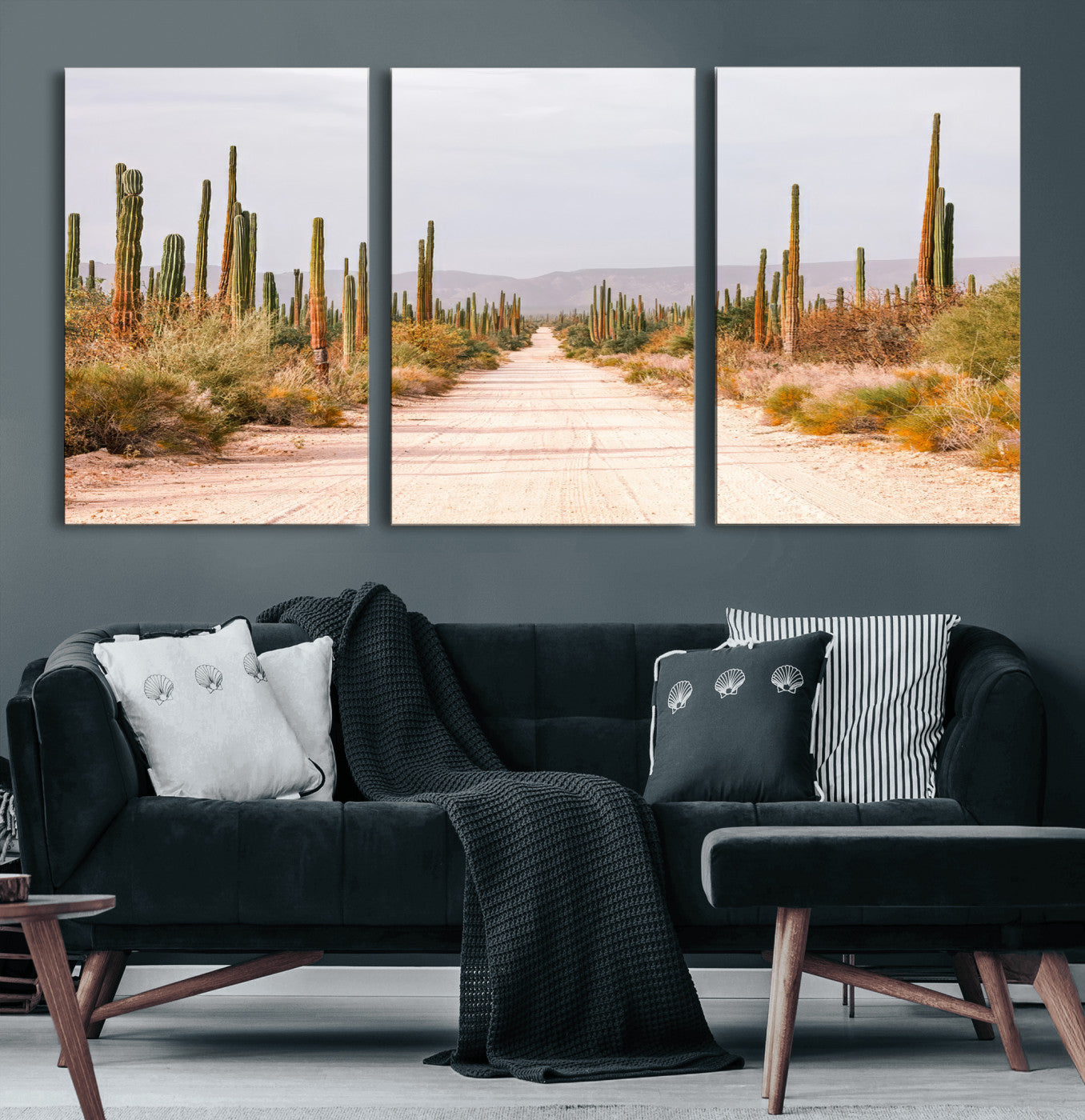 MGV-CV-60X30-3P - Desert Cactus Lined Road Wall Art Canvas Print, Framed Southwestern Landscape Art Picture Print, Bohemian Western Aesthetic Perfect Southwestern Boho Decor Artwork