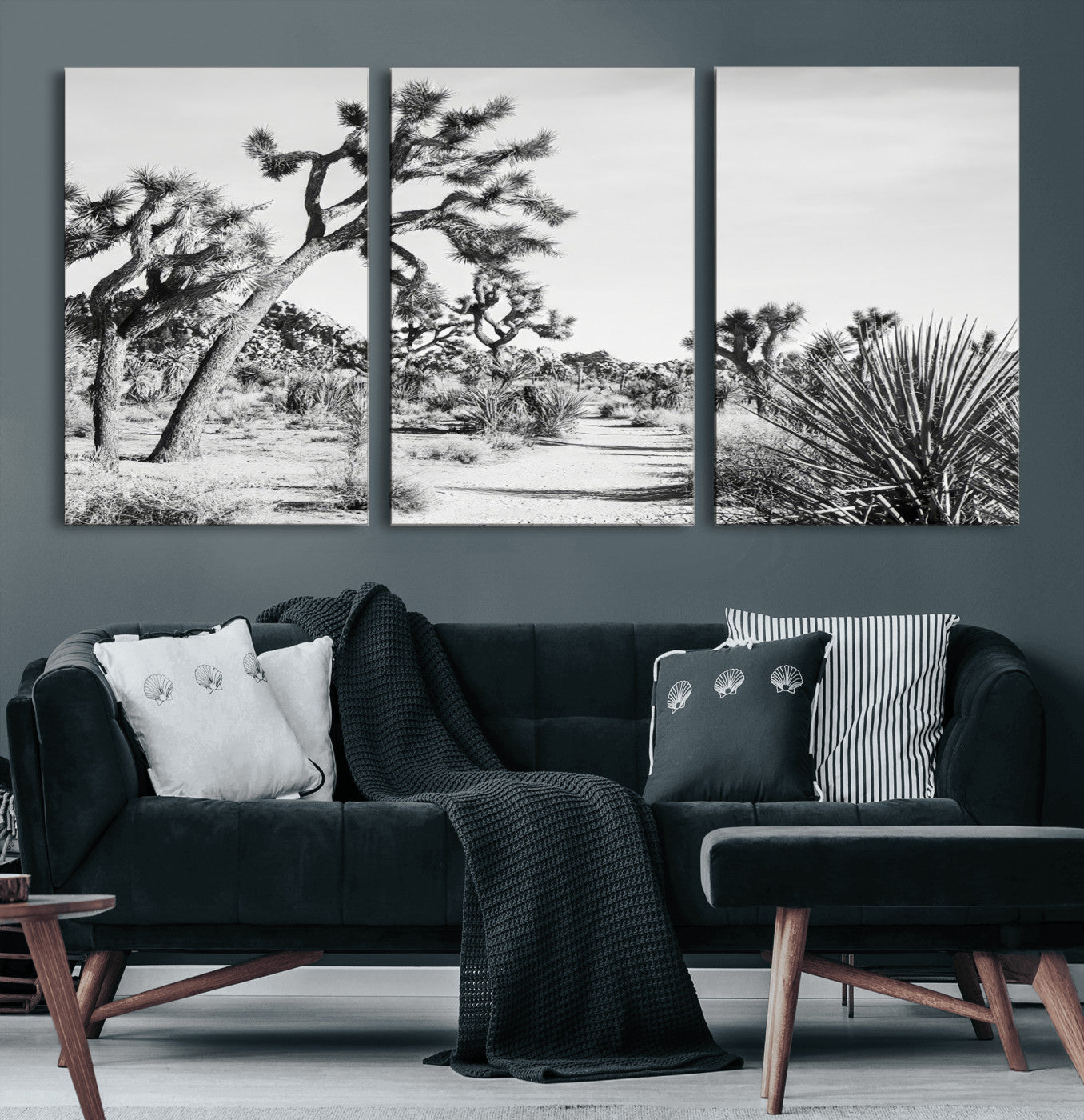 88164251-MGV-CV-60X30-3P-Joshua Tree Desert Wall Art – Black & White Canvas Print, Nature Serenity Decor for Guest Room, Office or Living Room