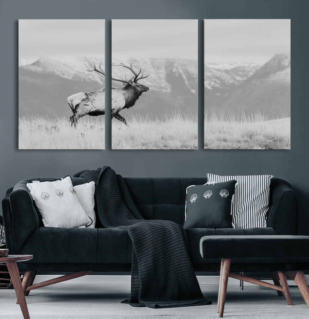 Rustic Elk Wall Art Canvas Print, Wildlife Antler Print, Framed Western Hunting Lodge Art Print, Large Mountain Nature Scene Printing Perfect for Japanese Decor