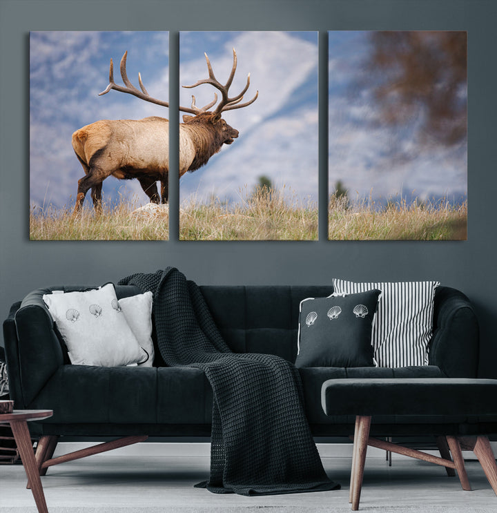 Rustic Elk Wall Art Canvas Print, Wildlife Antler Print, Framed Western Hunting Lodge Art Print