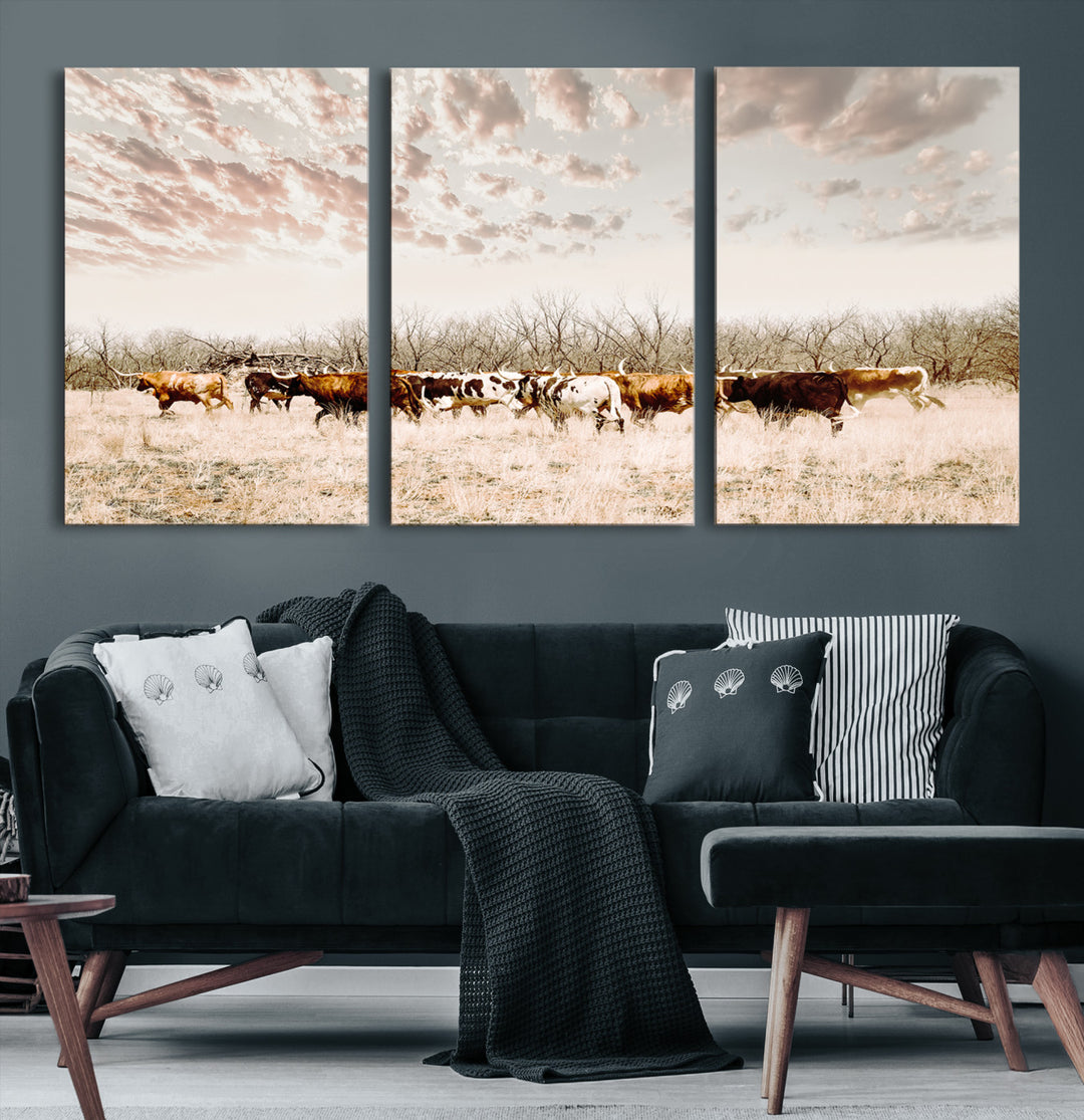 Longhorn Cattle Wall Art Canvas Print, Texas Ranch Print, Framed Western Cow Art Print, Large Prairie Landscape Printing Perfect for Western Decor