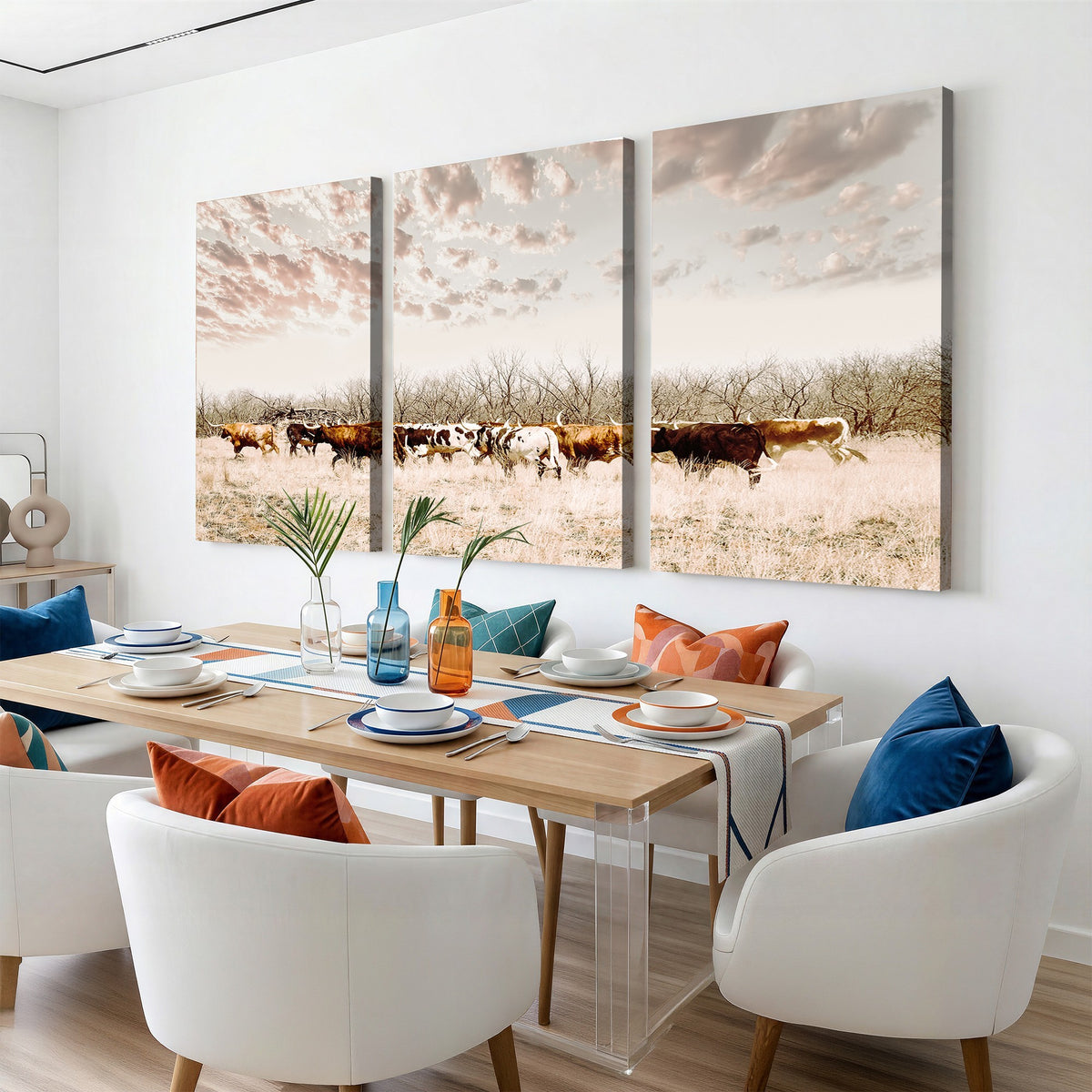 64892775-MGV-CV-24X16 - Longhorn Cattle Wall Art Canvas Print, Framed Texas Ranch Art, Western Cow Print, Prairie Landscape Decor