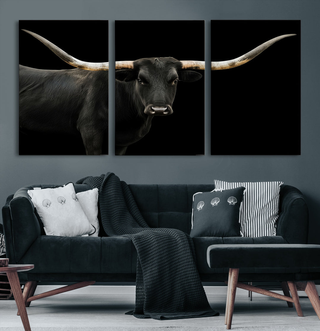 Black White Longhorn Bull Wall Art Canvas Print, Texas Ranch Print, Framed Western Cow Art Print for Farmhouse Decor - Longhorn Print