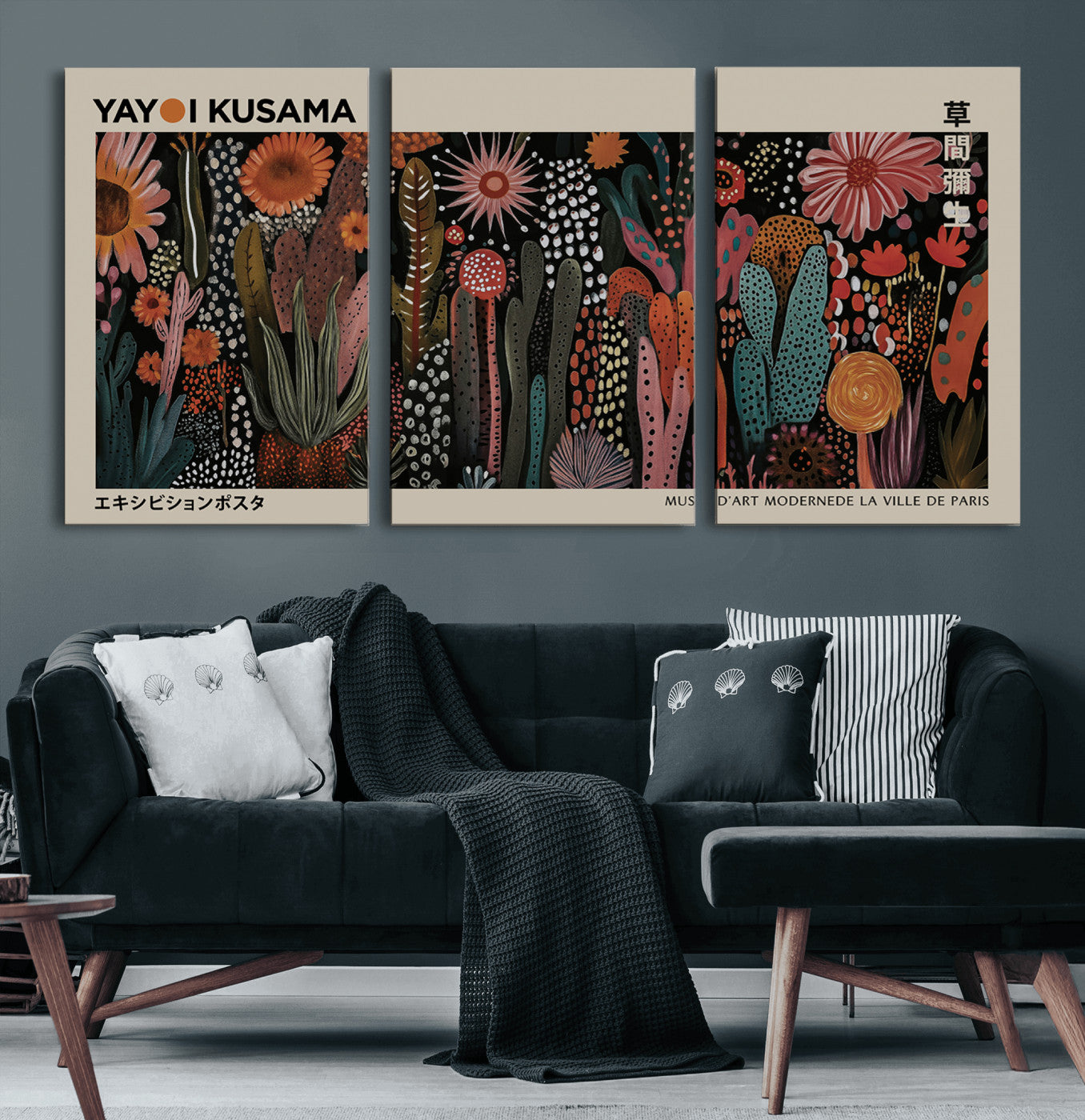 28344895-MGV-CV-60X30-3P-Modern Japanese Wall Art Canvas Print – Framed Abstract Mount Fuji Scene with Contemporary Yayoi Kusama Artwork for Home, Office
