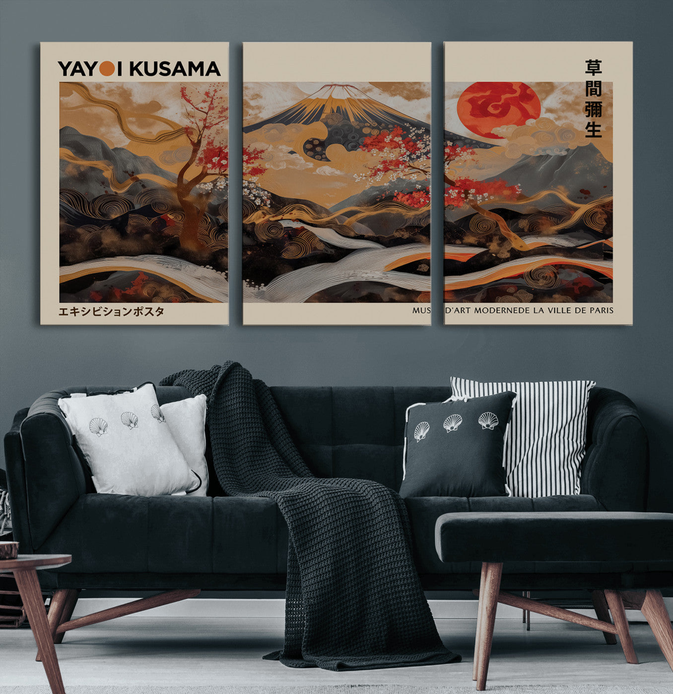 77970791-MGV-CV-60X30-3P-Modern Japanese Wall Art Canvas Print – Framed Abstract Mount Fuji Scene with Yayoi Kusama Artwork for Home, Office