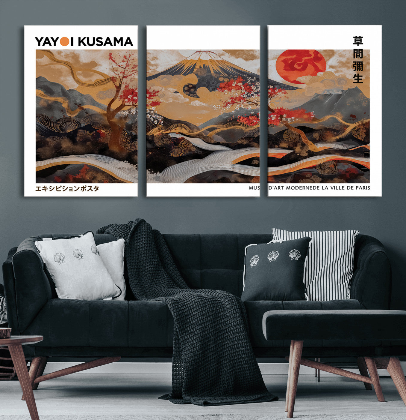 85375874-MGV-CV-36X24-Mount Fuji Wall Art Canvas Print – Framed Abstract Mount Fuji Scene with Yayoi Kusama Artwork for Home, Office