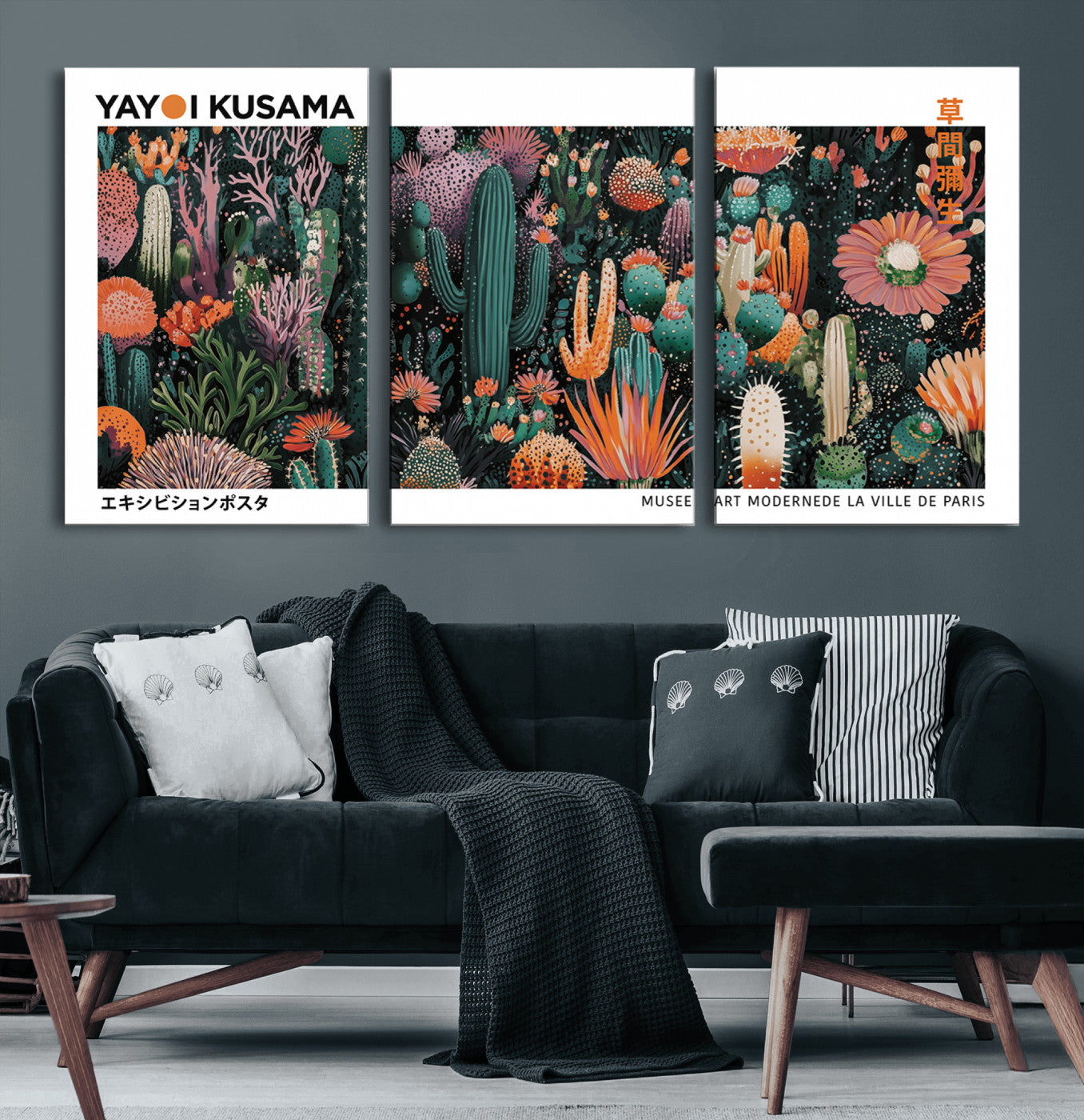 MGV-CV-60X30-3P - Modern Japanese Wall Art Print, Yayoi Kusama Print Wall Decor, Abstract Mount Fuji Canvas Print,