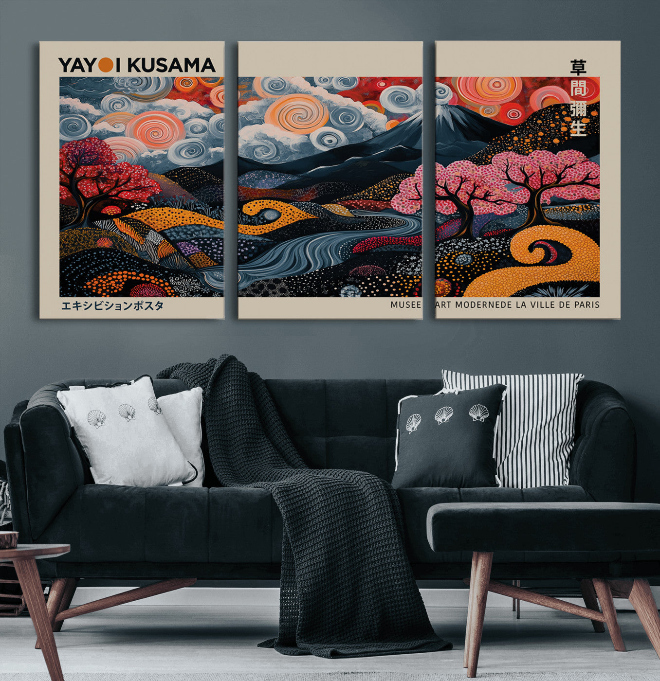 89598235-MGV-CV-60X30-3P-Modern Japanese Wall Art Canvas Print – Framed Contemporary Yayoi Kusama Artwork for Home, Office, Living Room