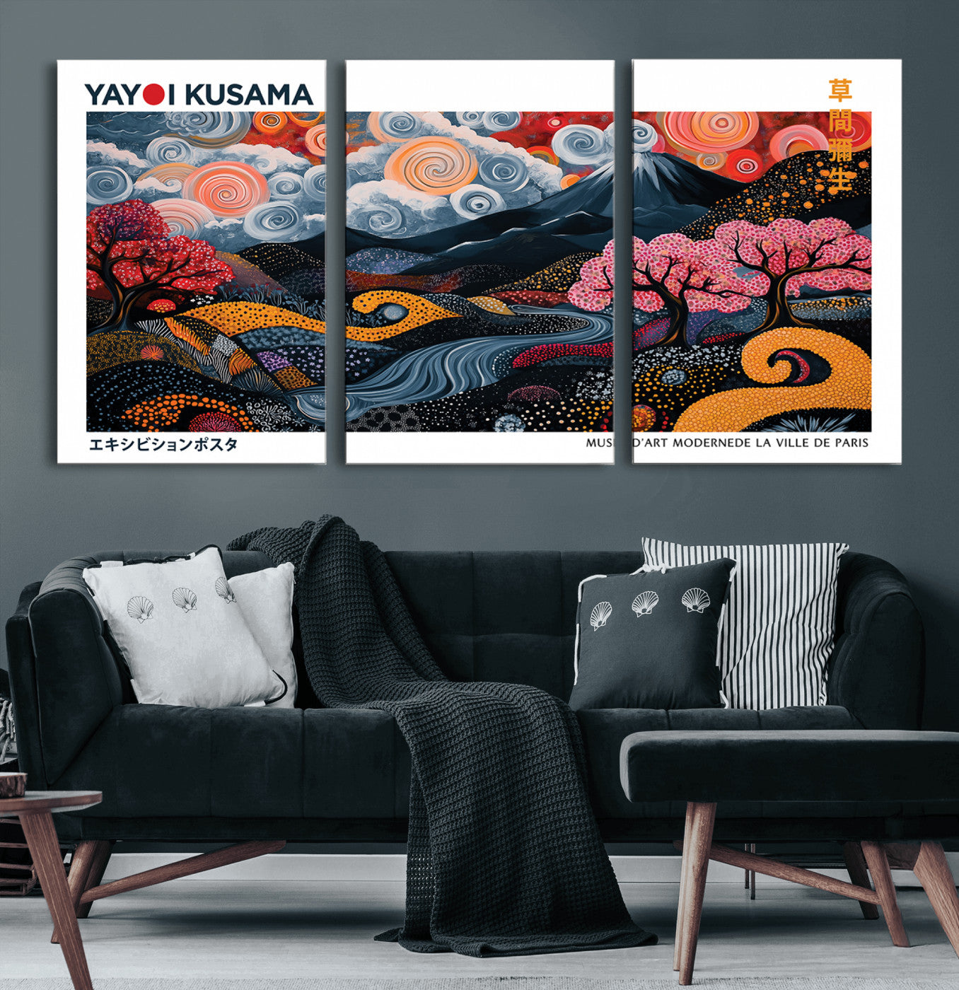 43879290-MGV-CV-60X30-3P-Modern Japanese Wall Art Canvas Print – Framed Abstract Mount Fuji Scene with Yayoi Kusama Artwork for Home, Office