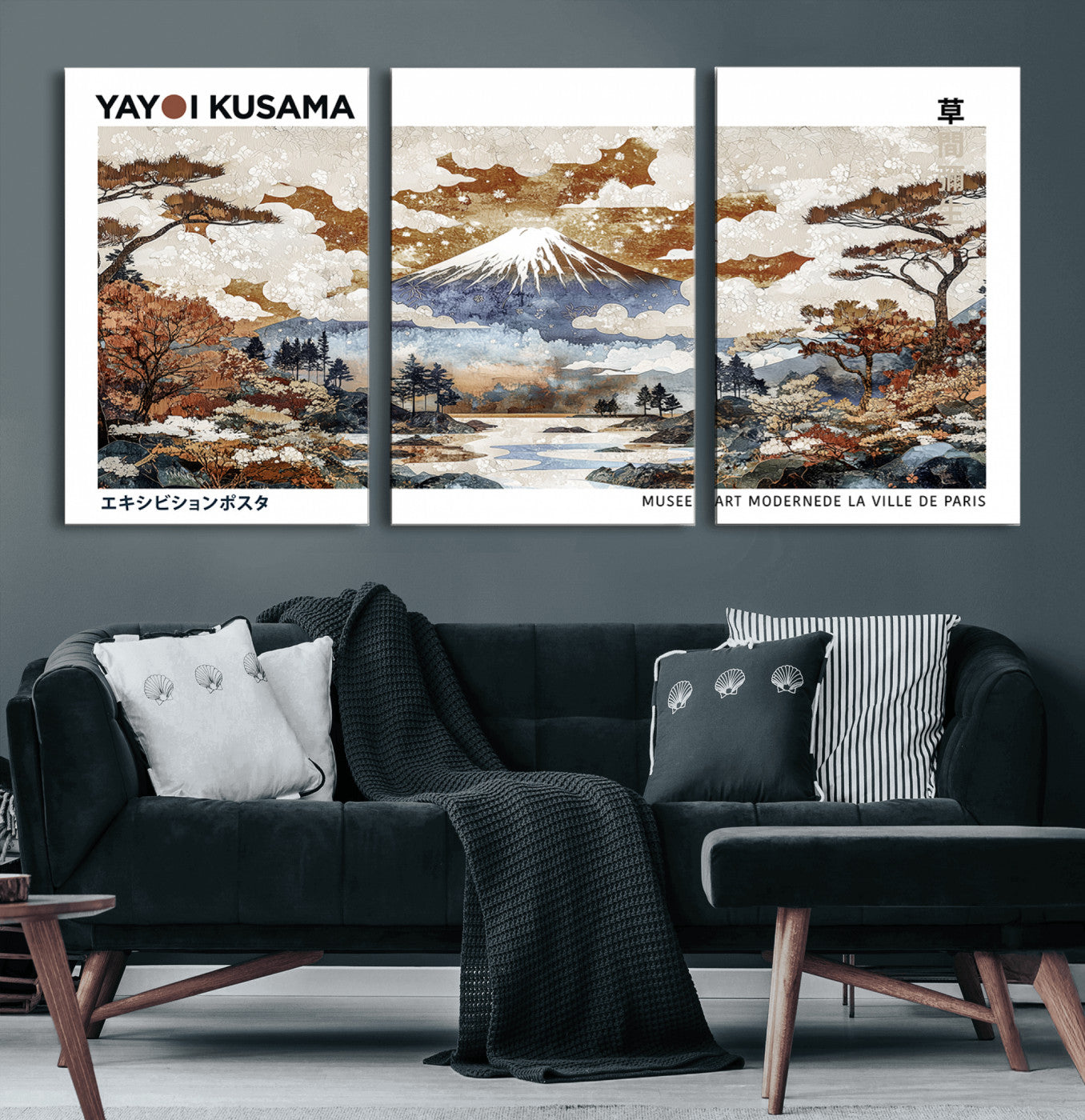 59644240-MGV-CV-60X30-3P-Modern Japanese Wall Art Canvas Print – Framed Abstract Mount Fuji Scene with Yayoi Kusama Artwork for Home, Office