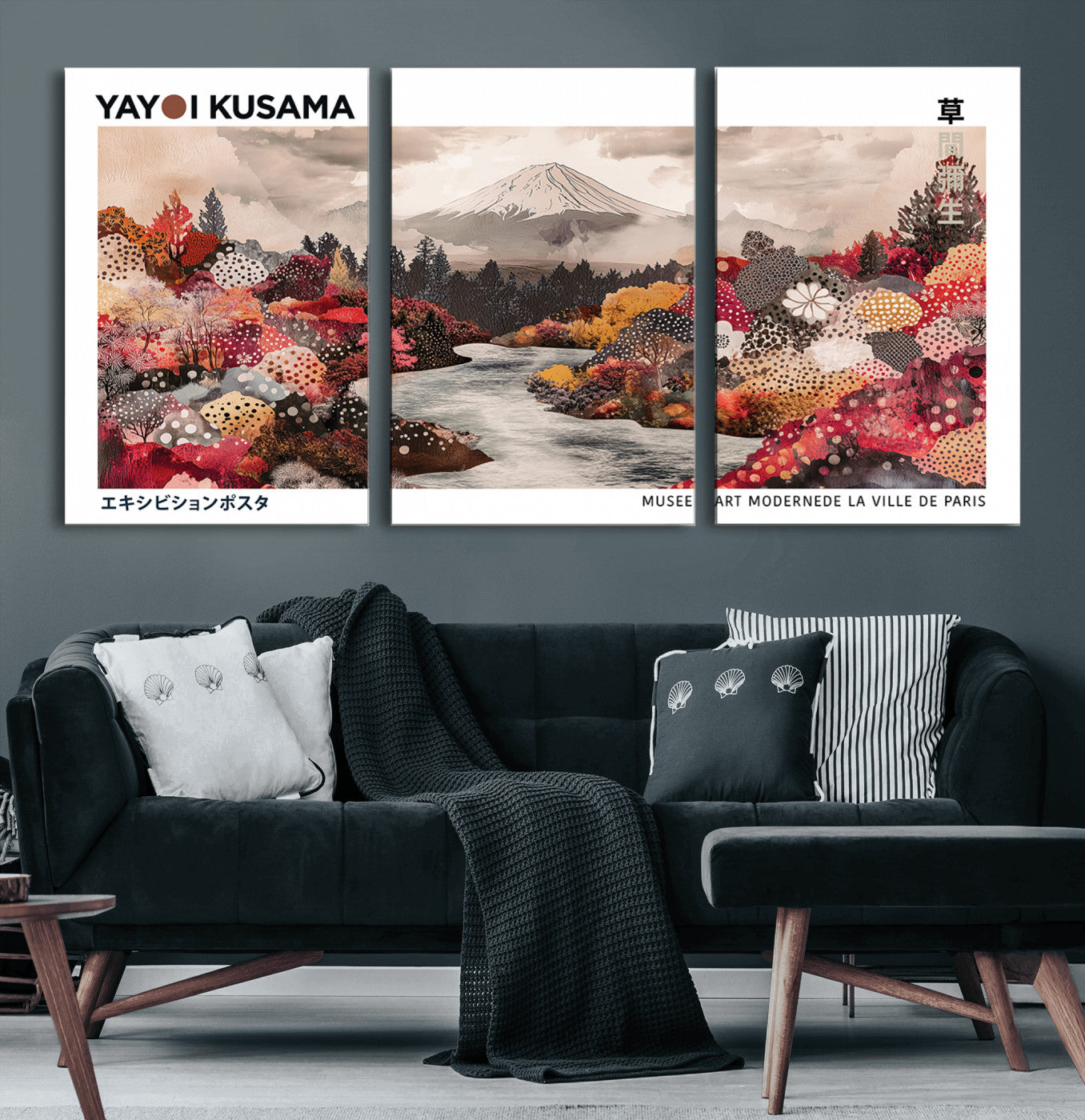 32352074-MGV-CV-60X30-3P-Modern Japanese Wall Art Canvas Print – Framed Abstract Mount Fuji Scene with Yayoi Kusama Artwork for Home, Office