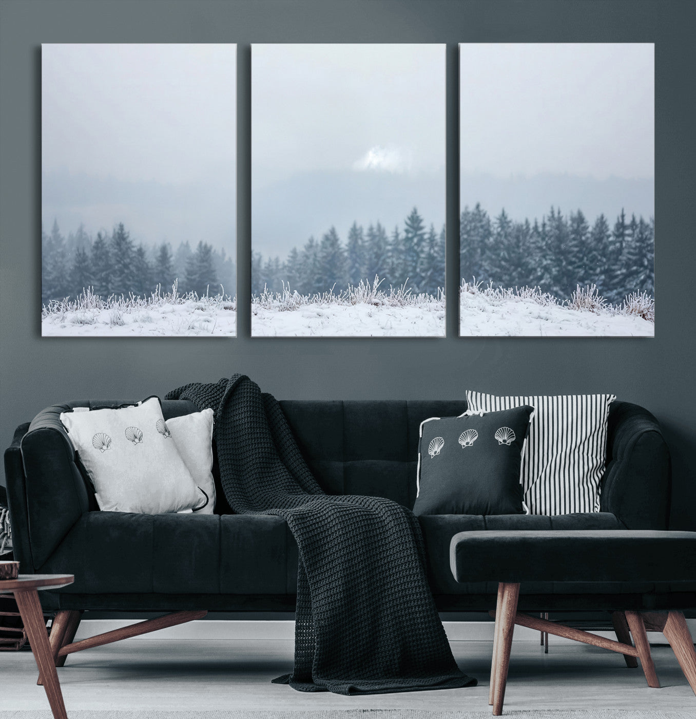 33033082-MGV-CV-60X30-3P-Winter Forest Wall Art Canvas Print – Framed Snowy Landscape Art Picture Misty Tree Scene Artwork for Home Office