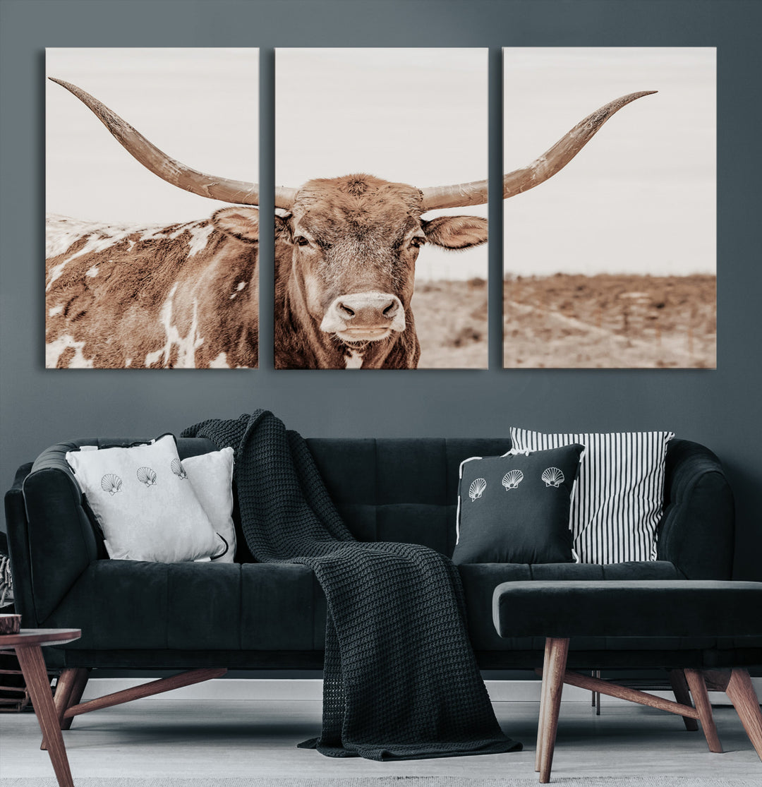 Longhorn Bull Photo Wall Art Canvas Print, Framed Rustic Cow Art Picture Print, Neutral Farmhouse Perfect Rustic Neutral Farmhouse Decor