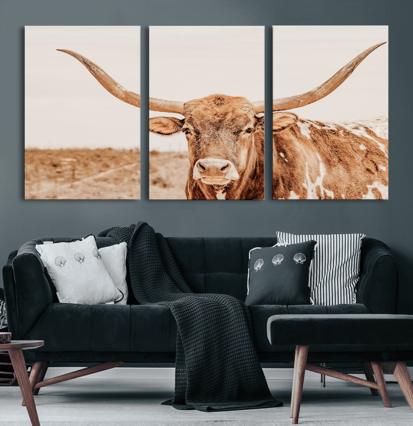 74406977-MGV-CV-60X30-3P-Longhorn Bull Wall Art Canvas Print – Framed Western Cow Rustic Farmhouse Neutral Country Animal Artwork for Home Office