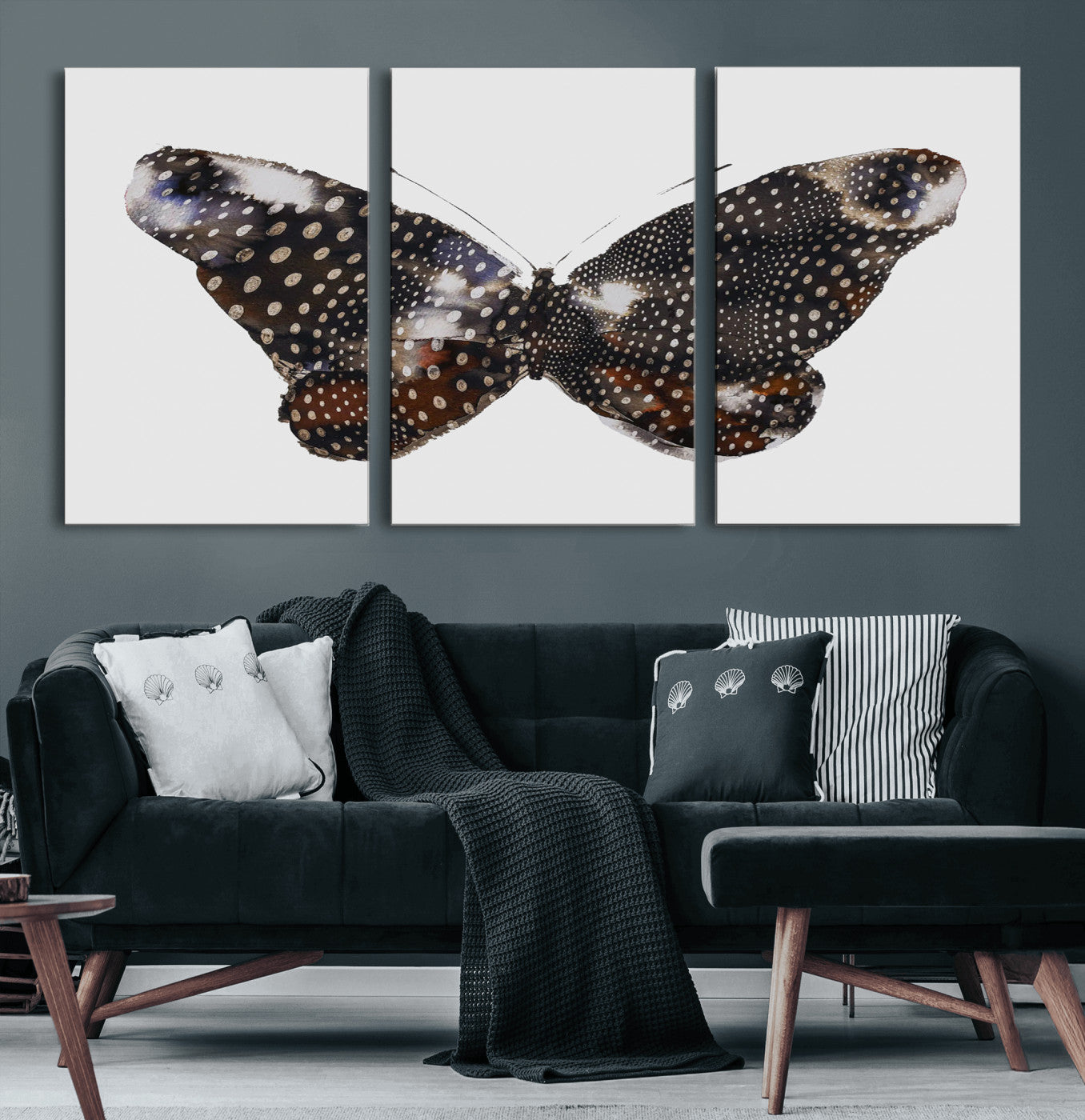 MGV-CV-60X30-3P - Spotted Butterfly Wall Art Canvas Print, Framed Neutral Insect Theme Art Picture Print, Earthy Wing Pattern Perfect Modern Rustic Decor Artwork