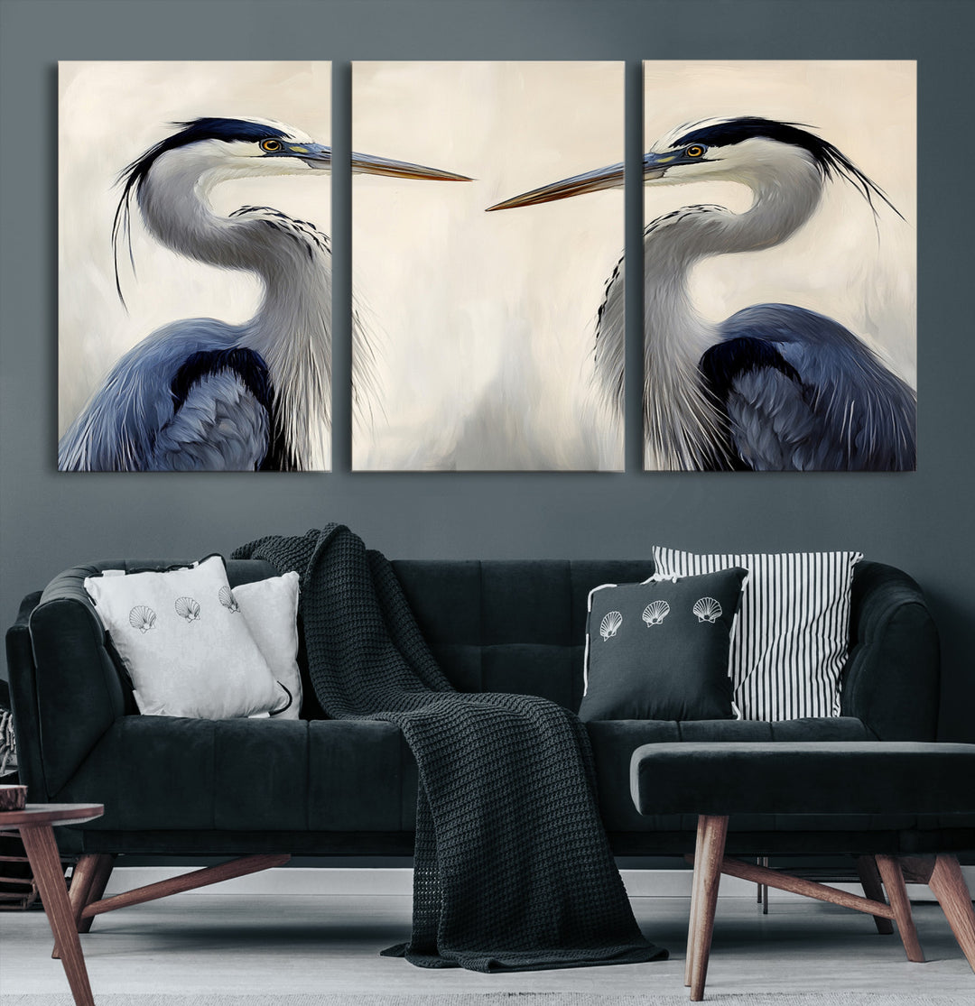 Blue Heron Pair Wall Art Canvas Print, Coastal Bird Theme Print, Framed Tranquil Wildlife Scene Art Print, Large Nature Inspired Decor Printing