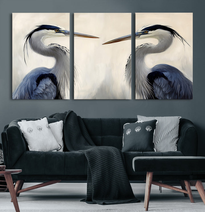 Blue Heron Pair Wall Art Canvas Print, Coastal Bird Theme Print, Framed Tranquil Wildlife Scene Art Print, Large Nature Inspired Decor Printing