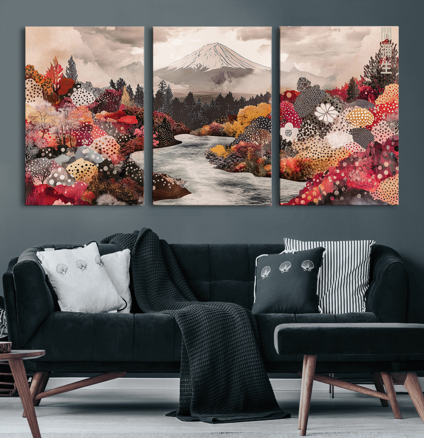 37138418-MGV-CV-60X30-3P-Mountain Wall Art Canvas Print – Framed Autumn Forest Cottagecore Landscape Boho Nature Artwork for Home Office