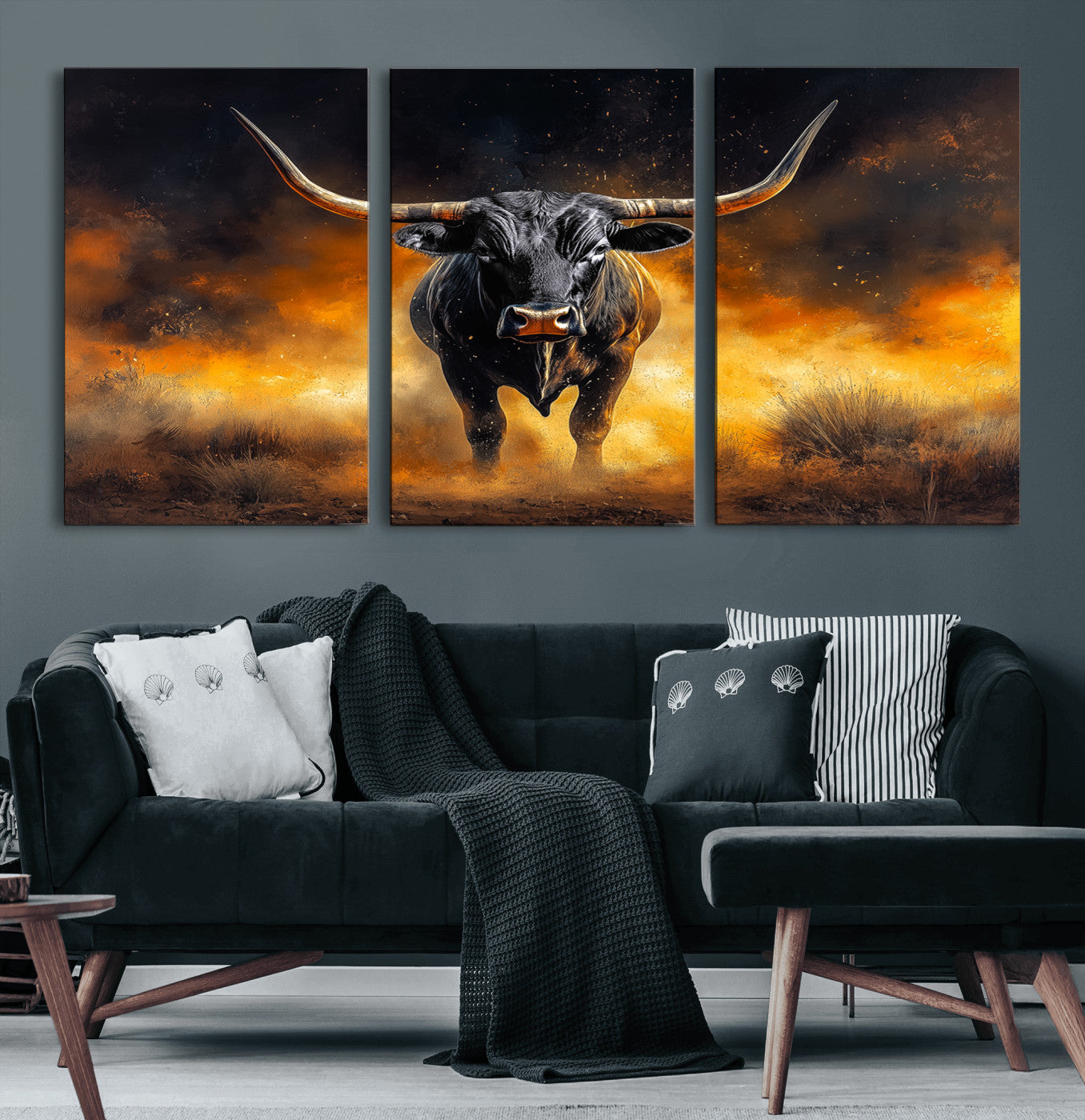 58293979-MGV-CV-60X30-3P-Longhorn Canvas Wall Art Canvas Print – Framed Bold Bull Western Animal Dramatic Ranch Artwork for Home Office