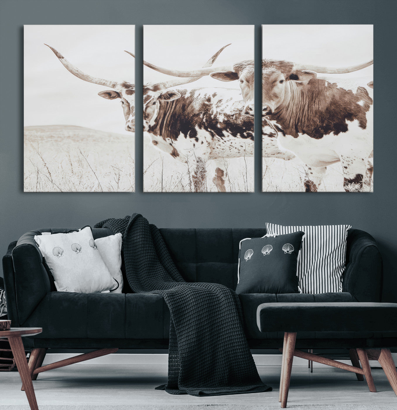 44871787-MGV-CV-36X24-Longhorn Wall Art Canvas Print – Framed Western Cow Rustic Farmhouse Countryside Animal Artwork for Home, Office