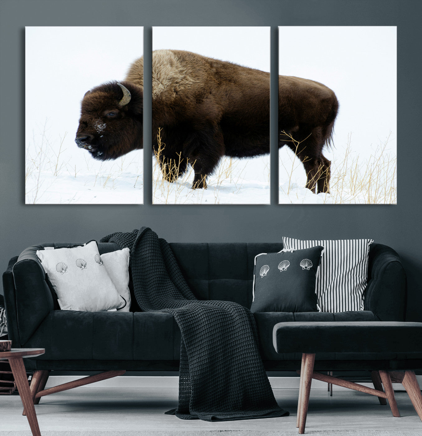 76778120-MGV-CV-60X30-3P-Bison Wall Art Canvas Print – Framed Western Wildlife Buffalo Snow Rustic Nature Scene Artwork for Home Office