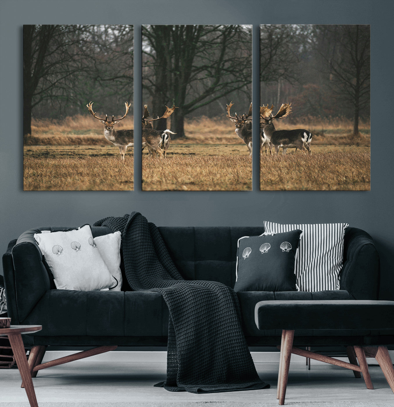 55348744-MGV-CV-60X30-3P-Deer Wall Art Canvas Print – Framed Rustic Wildlife Stags Forest Nature Scene Artwork for Home, Office, Living Room