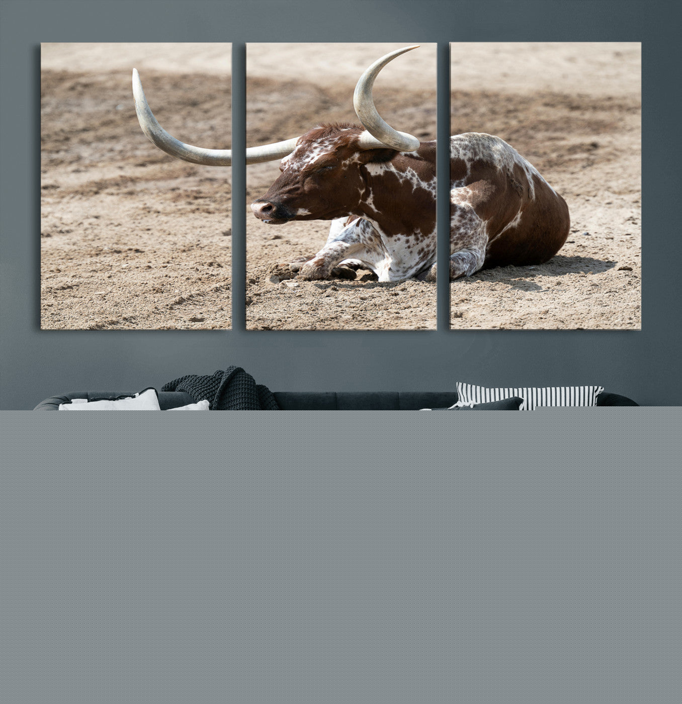 76549210-MGV-CV-60X30-3P-Texas Longhorn Wall Art Canvas Print, Framed Country Living Art Picture Print, Farmhouse Perfect