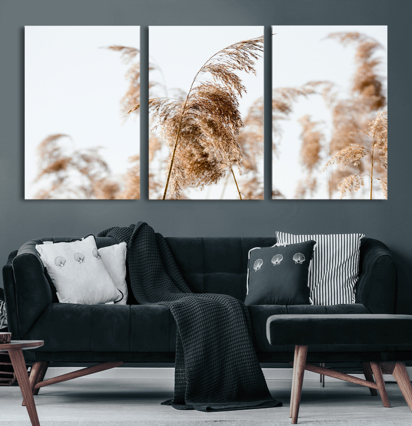 17019393-MGV-CV-60X30-3P-Pampas Grass Wall Art Canvas Print – Framed Neutral Tones Minimalist Nature Boho Scene Artwork for Home Office