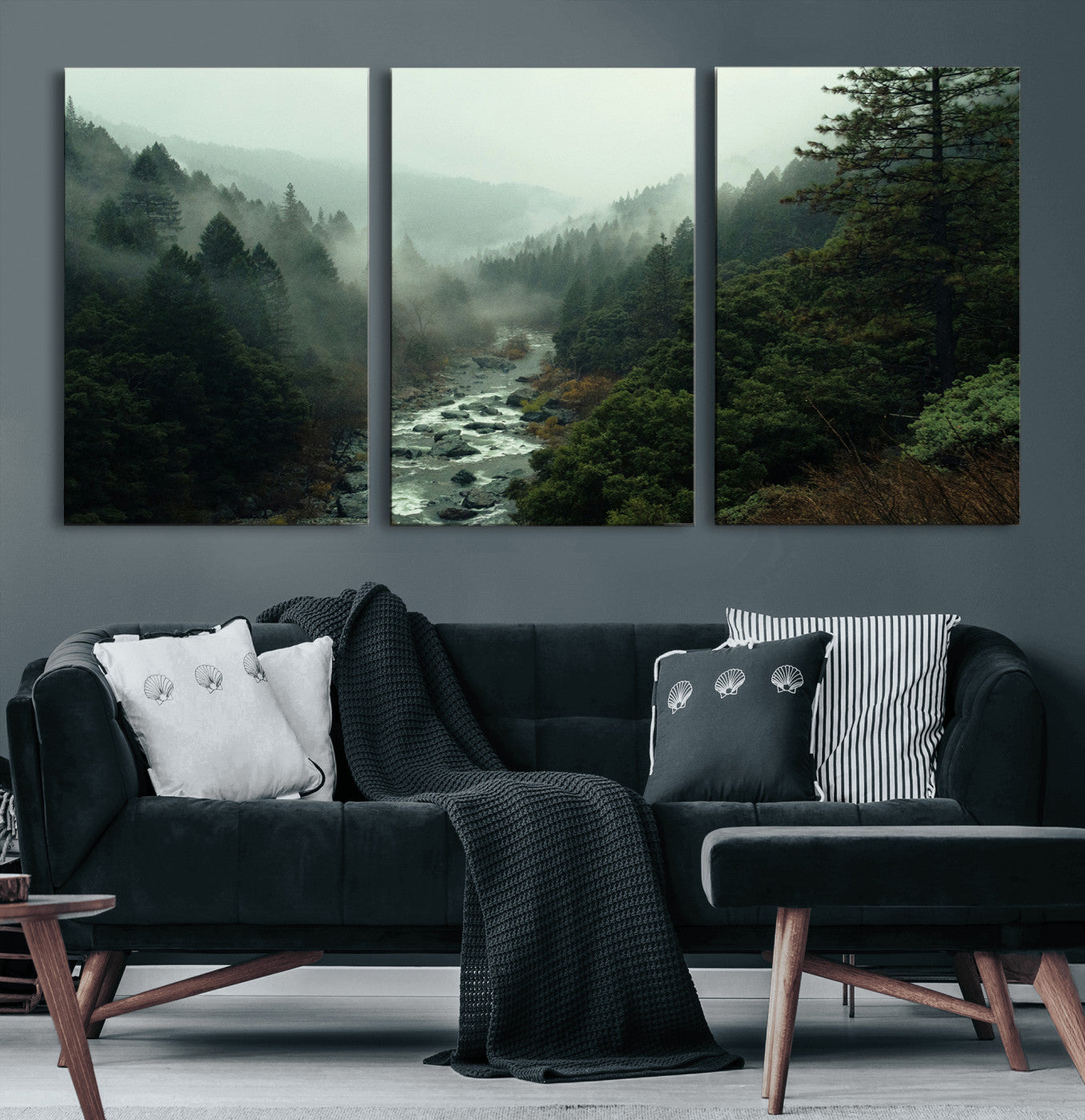 48497565-MGV-CV-60X30-3P-Misty Forest Wall Art Canvas Print – Framed Foggy River Moody Landscape Wilderness Nature Scene Artwork for Home Office