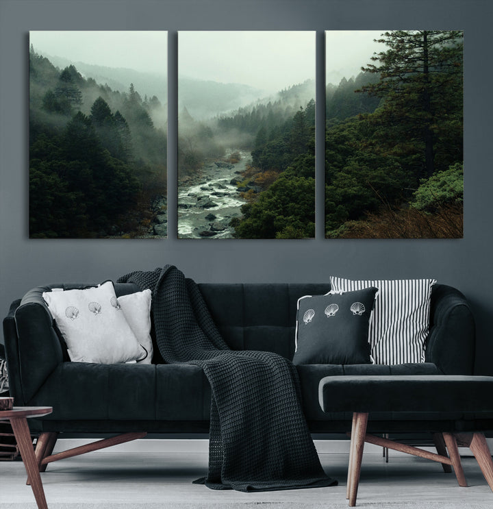 Misty Forest Wall Art Canvas Print, Framed Foggy River Art Picture Print, Moody Landscape Perfect Wilderness Decor Artwork