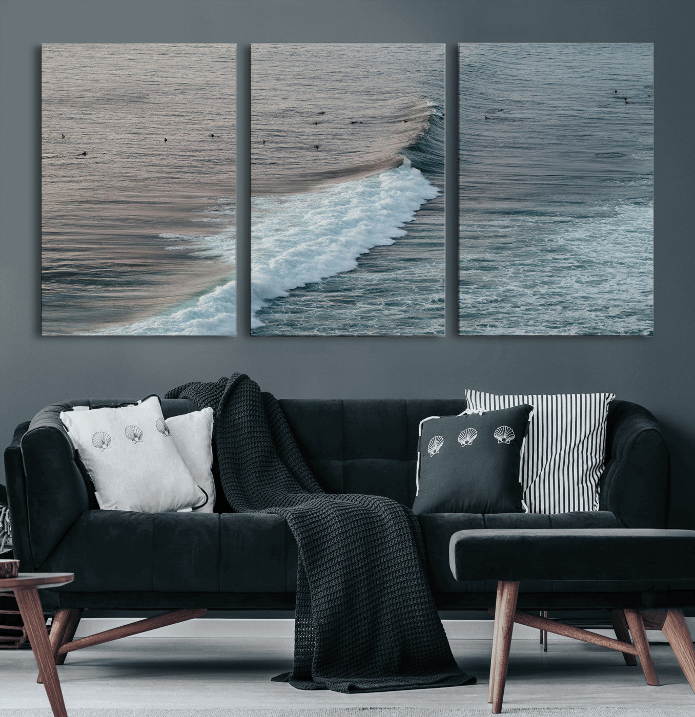 23077324-MGV-CV-60X30-3P-Ocean Waves Wall Art Canvas Print – Framed Coastal Serenity Surf Nature Scene Artwork for Home Office