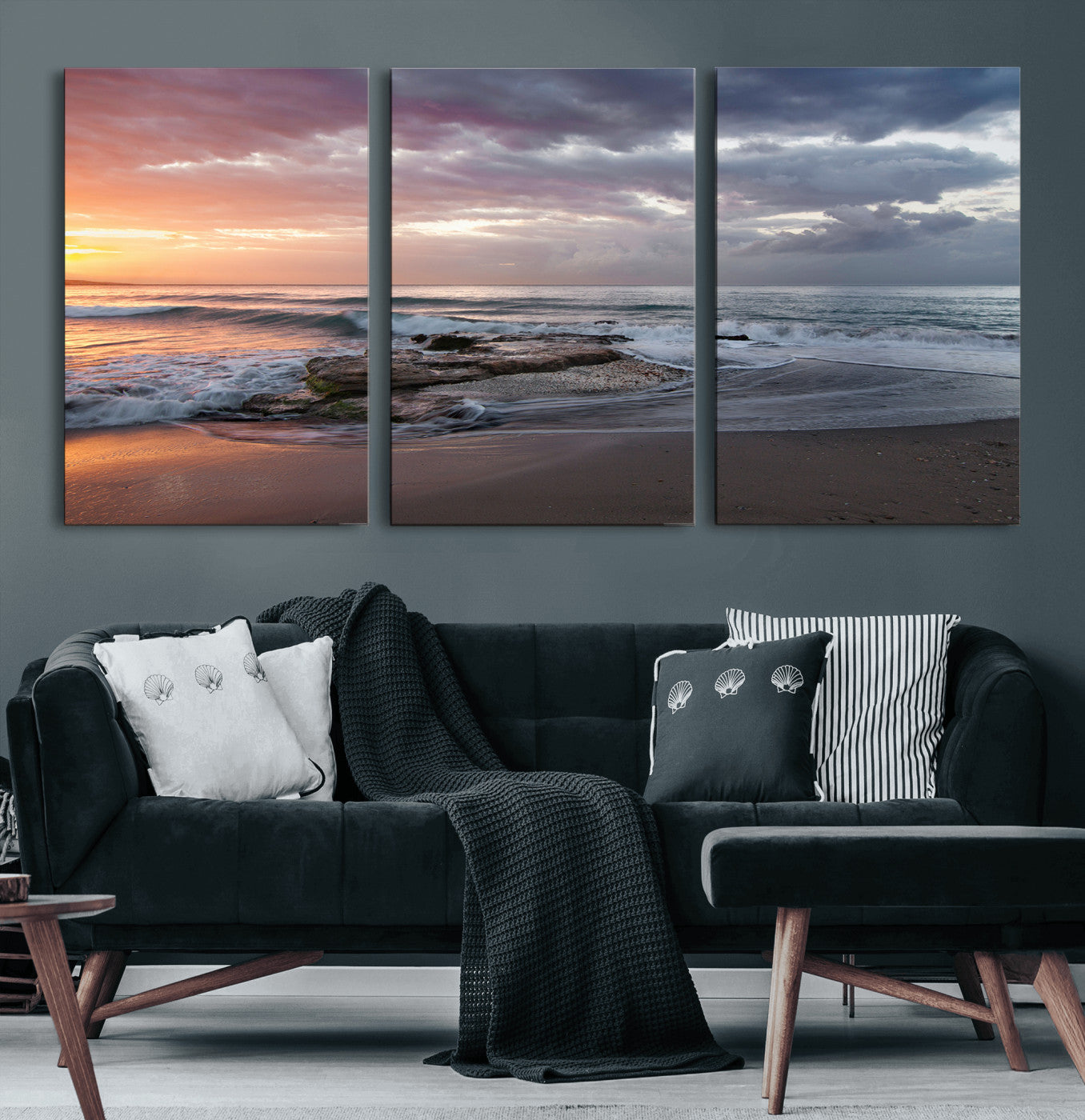 94208089-MGV-CV-60X30-3P-Golden Hour Wall Art Canvas Print – Framed Tranquil Waves Beach Coastal Serenity Nature Scene Artwork for Home Office