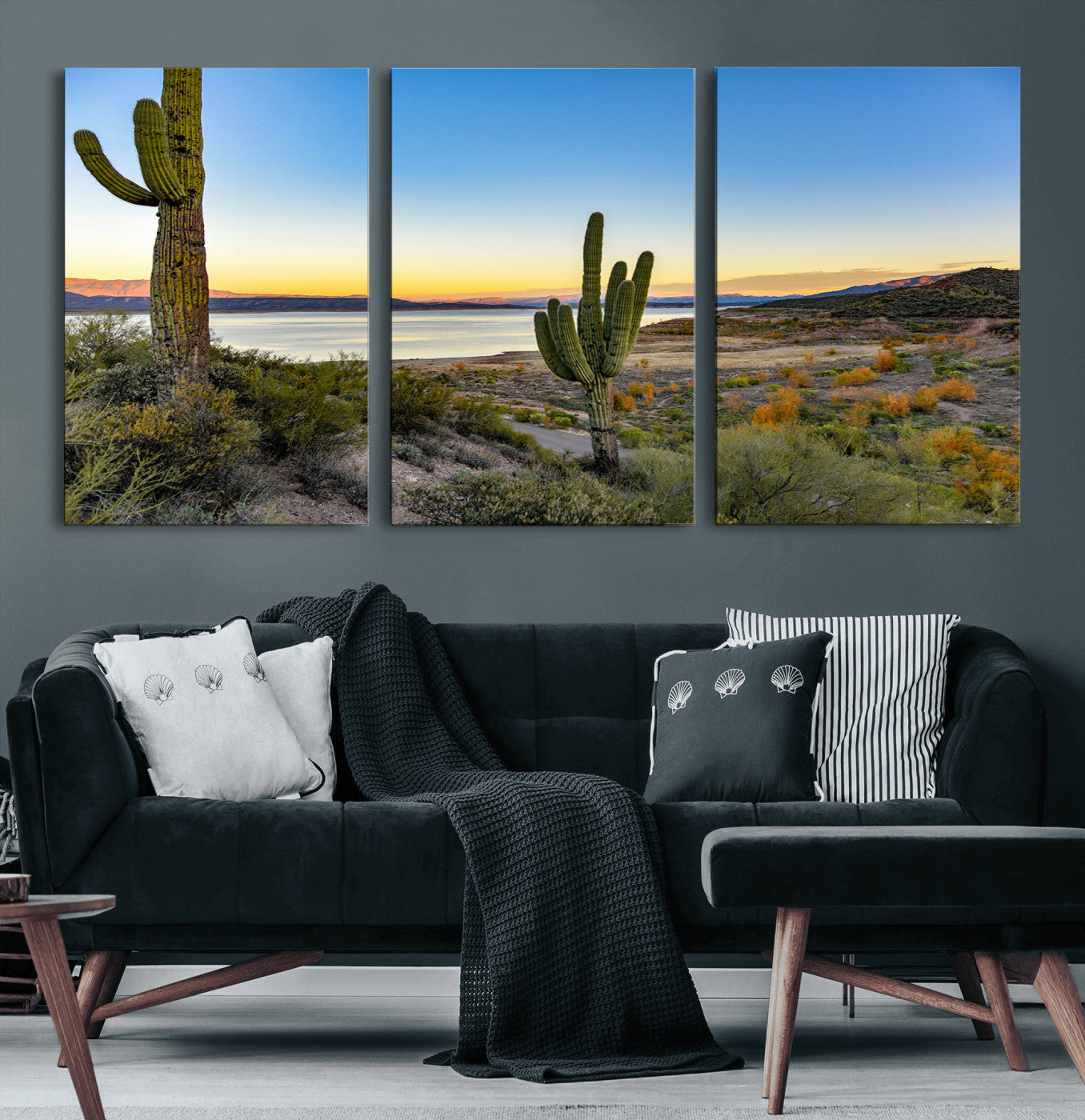 52844711-MGV-CV-60X30-3P-Saguaro Cactus Wall Art Canvas Print – Framed Desert Sunset Southwestern Nature Scene Artwork for Home Office