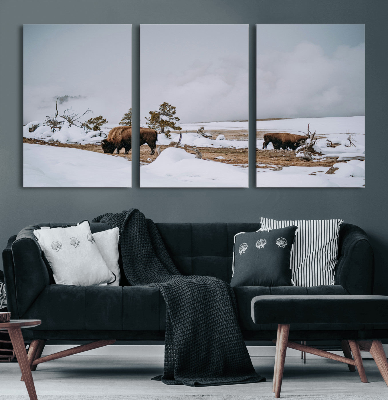 60308289-MGV-CV-60X30-3P-Bison Wildlife Wall Art Canvas Print – Framed Snowy Prairie Western Rustic Nature Scene Artwork for Home Office