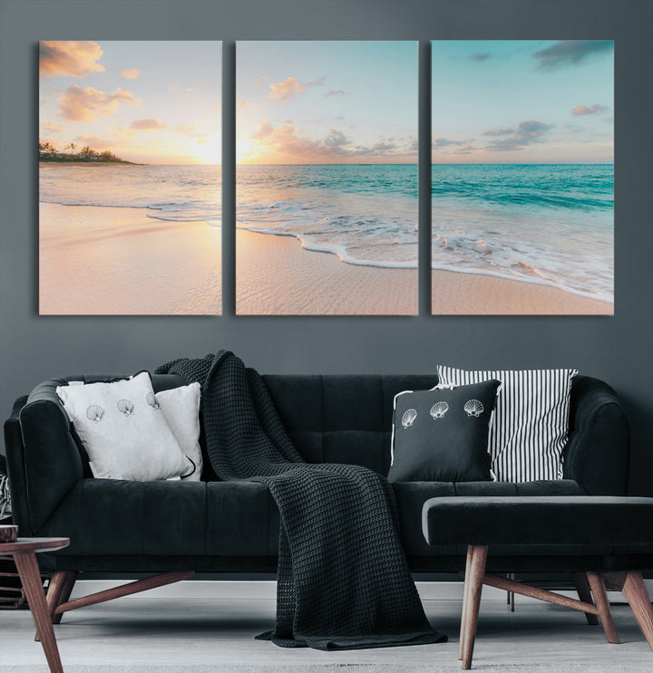 Beach Sunset Wall Art Canvas Print, Framed Ocean Waves Art Picture Print, Summer Escape Perfect Coastal Decor Artwork