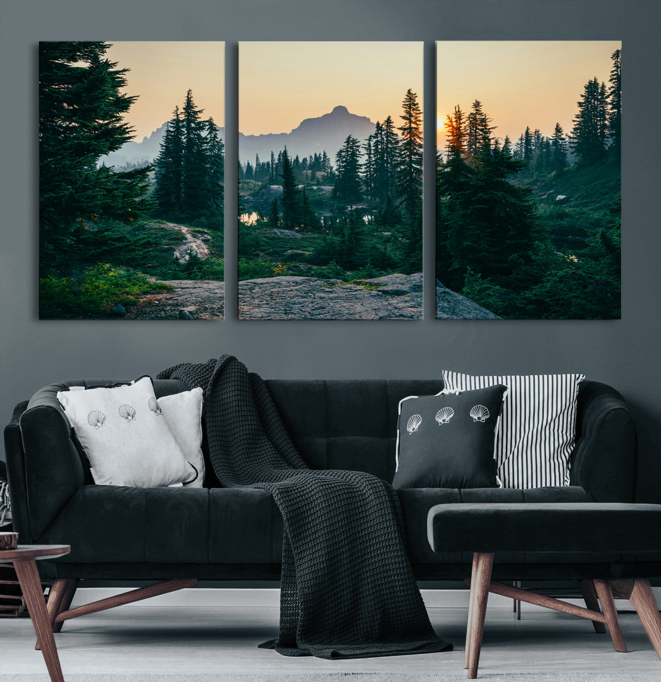 66397982-MGV-CV-60X30-3P-Mountain Wall Art Canvas Print – Framed Forest Serenity Mountain Nature Scene Artwork for Home Office