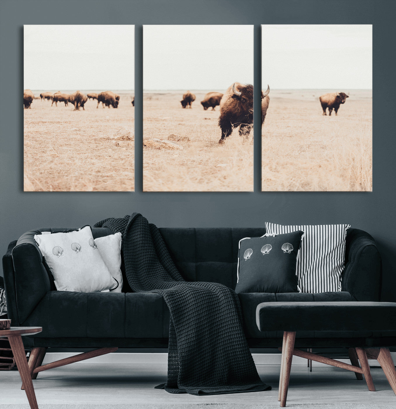 61367865-MGV-CV-60X30-3P-Bison Herd Wall Art Canvas Print – Framed Western Prairie Serenity Ranch Nature Scene Artwork for Home Office