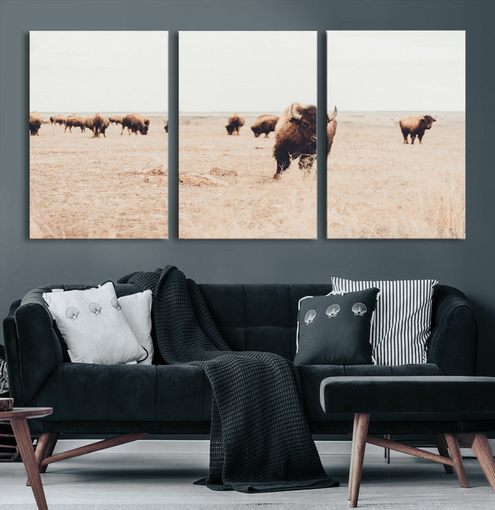 Bison Herd Wall Art Canvas Print, Framed Western Art Picture Print, Prairie Serenity Perfect Ranch Decor Artwork