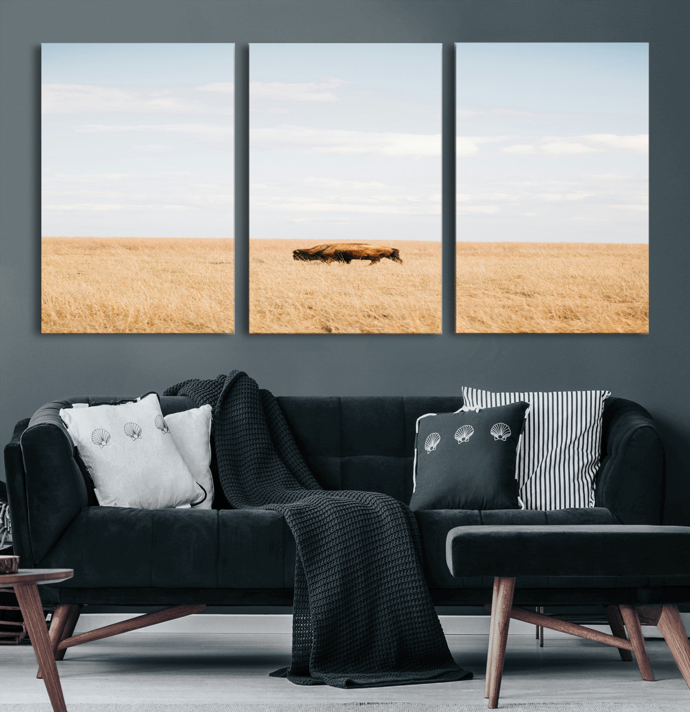 96766166-MGV-CV-60X30-3P-Bison Grassland Wall Art – Framed Minimal Nature Canvas Artwork, Open Field Design, Modern Ranch Decor for Home, Office