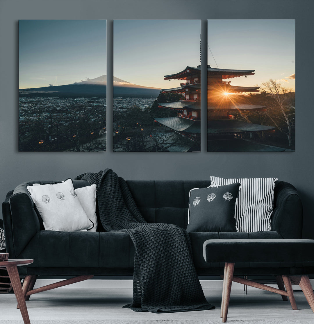Chureito Pagoda at sunset with Mount Fuji in the background, city lights below, and golden sun rays, ideal for Japanese-inspired wall art.