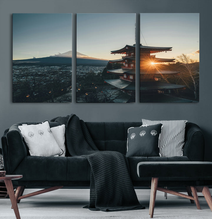 Chureito Pagoda at sunset with Mount Fuji in the background, city lights below, and golden sun rays, ideal for Japanese-inspired wall art.